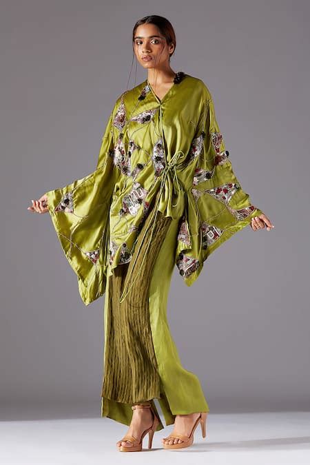 Buy Green Bamberg Satin And Shrubbery Kimono Top & Corrugated ...