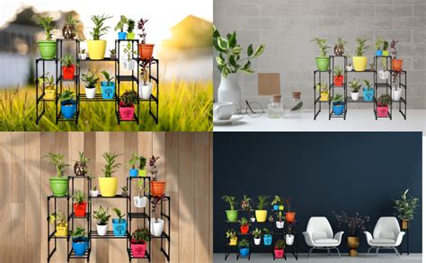 Keeva 12 Step Long Plant Stand (Black) For Balcony, Living Room, Flower ...