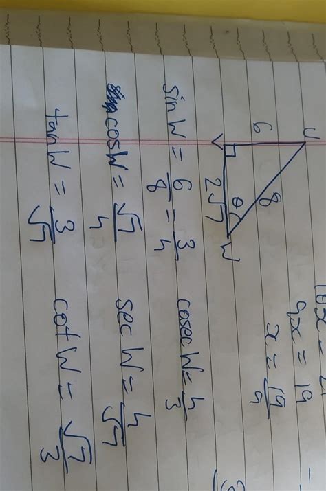 Trigonometry) In triangle UVW, measure angle UVW=90°, UV=6, UW = 8 ...