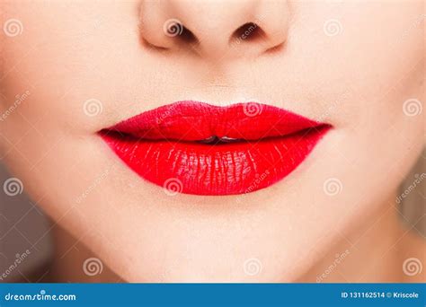 Beautiful Women`s Lips with Bright Red Lipstick, Stylish Makeup. Stock ...