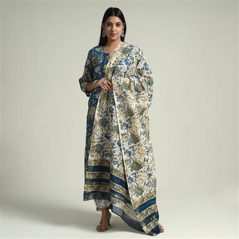 Sanganeri Block Printed Maheshwari Silk Kurta with Palazzo & Dupatta Set