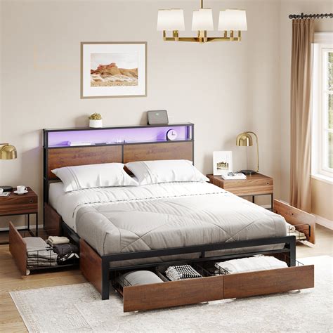 17 Stories Bed Frame with 4 Drawers, Metal Frame with LED Lights and ...