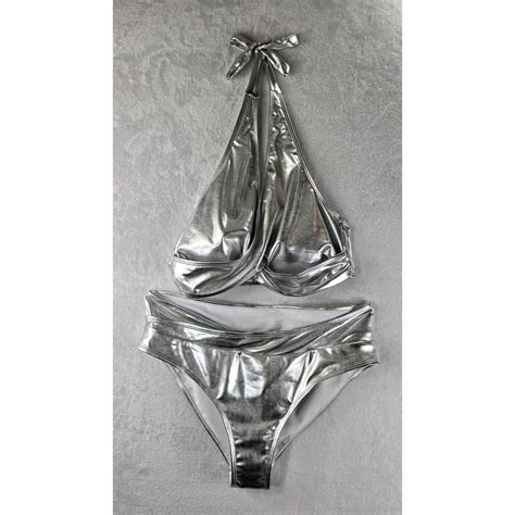 Silver Metallic Bathing Suit Bikini Sz XL Two Piece... | Depop