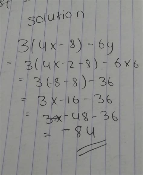 What is the value of 3(4x − 8) − 6y if x = −2 and y = 6? −132 −84 12 18 - brainly.com