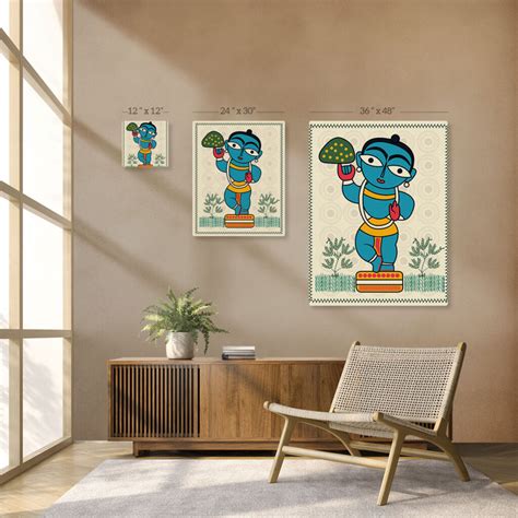 Krishna Lifting Mount Govardhan Painting on Canvas, Kalighat Art - Magicdecor®