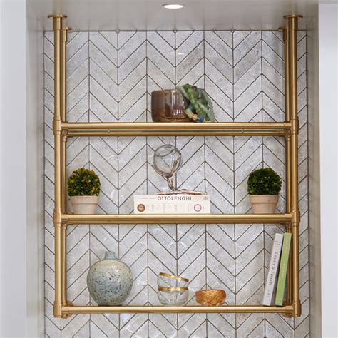 Ceiling mounted Studio style bistro shelving finished in waxed satin ...