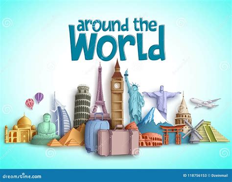 Travel Around the World Vector Banner Design with Travel Destinations and Famous Tourist ...