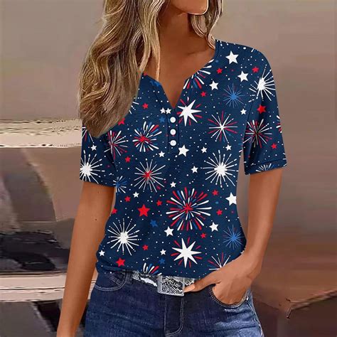 Wuchoa Ladies Casual Shirts Summer Basic Tops USA Star Stripes Fourth ...