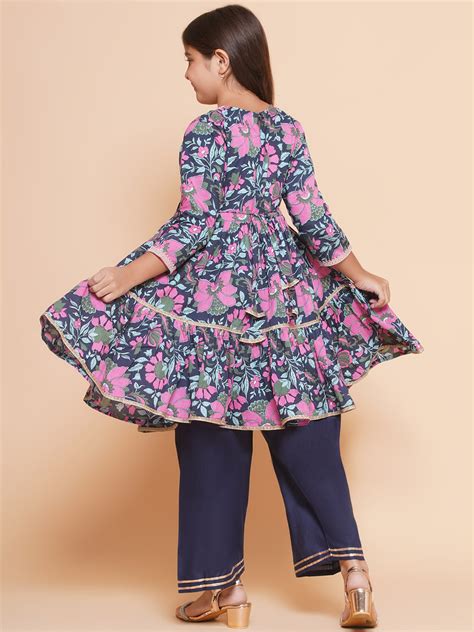 Bitiya by Bhama Girls Navy Blue Pink Floral Printed Kurta With Palazzo