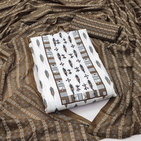 White & Brown Printed Pure Cotton Dress Material