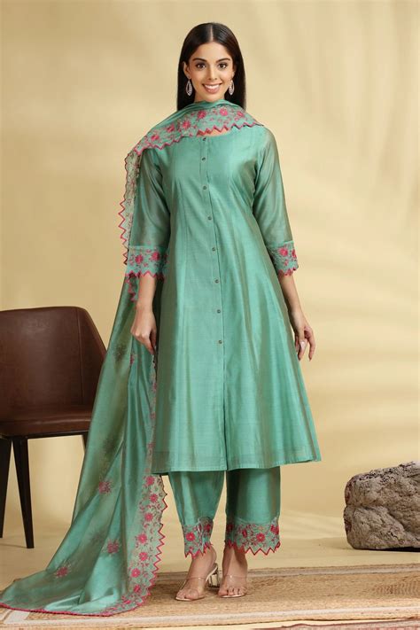 Green Embroidered Chanderi A Line Kurta Pant Dupatta Suit Set – Cotton ...