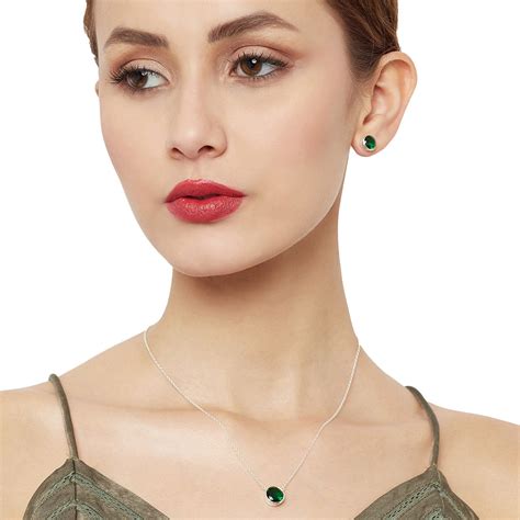 Green Stone Studded 925 Sterling Sterling Silver Pendant Set – VOYLLA
