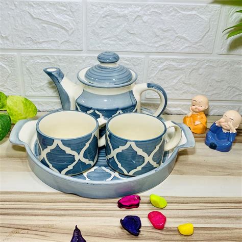 Buy Earthystone Hand Painted Ceramic Tea Kettle Set with 2 Cups(150ml ...