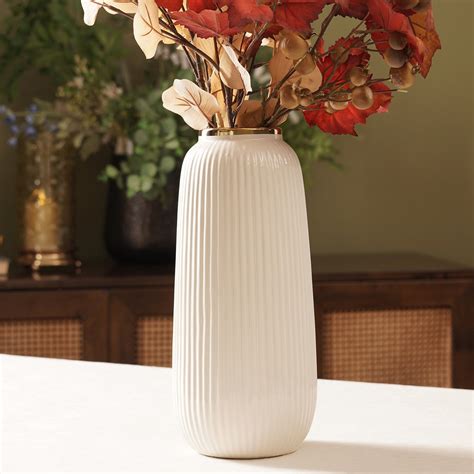 Ivory Ribbed Texture Ceramic Vase - Large