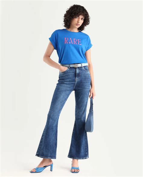 Rareism Women's Bhars Blue Viscose Blend Crew Neck Regular Fit Typogra