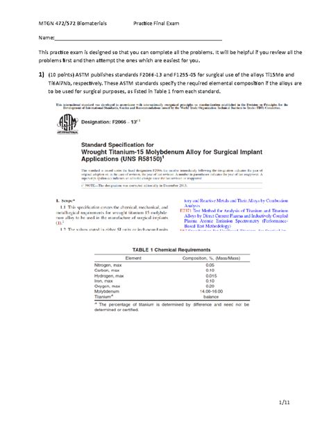 CSM Mines MTGN 472 Biomaterials Practice Final Exam 2020 - - Studocu