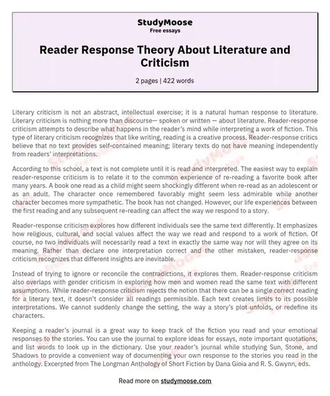 Reader Response Theory About Literature and Criticism Free Essay Example