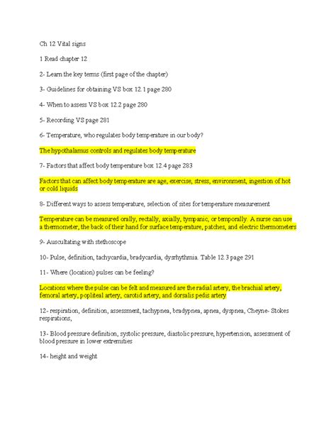 Ch 20 signs - notes - Ch 12 Vital signs 1 Read chapter 12 2- Learn the ...