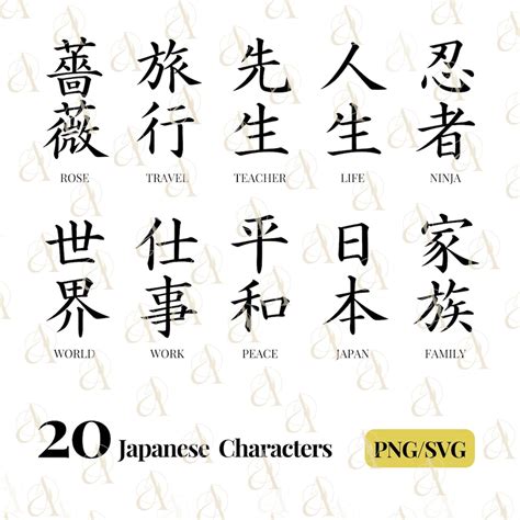 Japanese Word SVG Bundle, Japanese Symbols SVG, Japan Kanji PNG, Peace, Family, Work, Friend ...