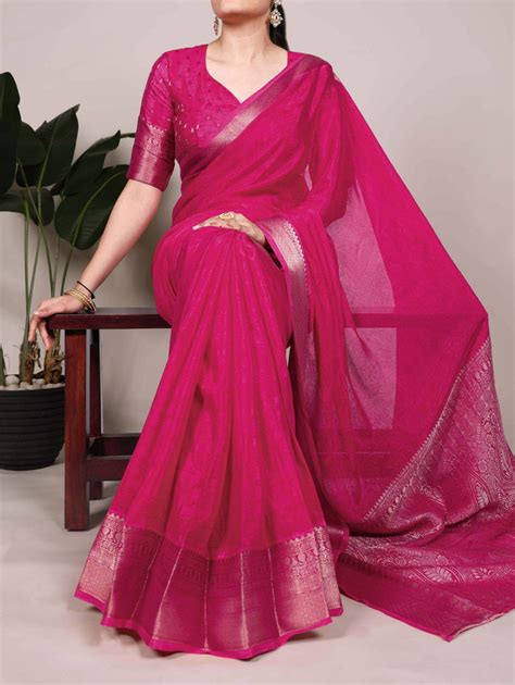 Pink Elegant Chinon Saree with Self Print & Zari Weaving