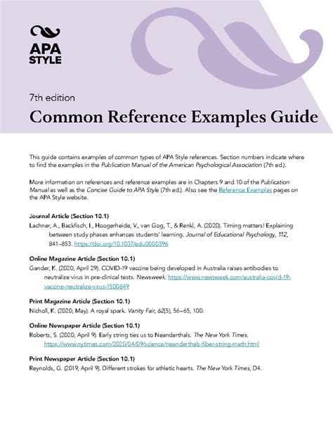 APA Reference Examples - 7th edition Common Reference Examples Guide ...