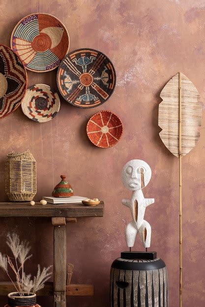 The stylish ethnic compostion at living room interior with wicker ...