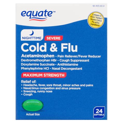 Equate Maximum Strength Nighttime Cold and Flu Medicine with Acetaminophen, 24 Softgels ...