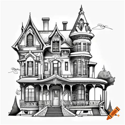 Outline drawing of traditional victorian haunted mansion in black and ...