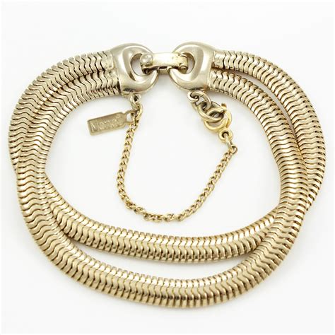 Vintage Monet Gold Tone Double Strand Bracelet, 1950s Monet Snake Chain ...