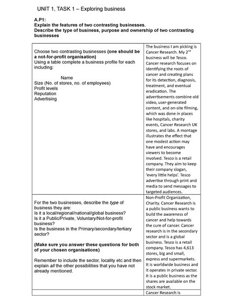 Copy of Task 1 Wyntd - kj. - UNIT 1, TASK 1 – Exploring business A: Explain the features of two ...