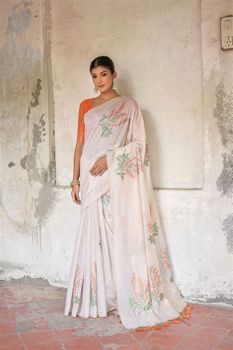 Buy Salut White Muga Cotton Saree Online - MySilkLove