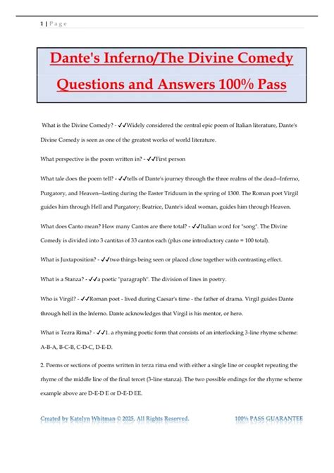 Dante's Inferno/The Divine Comedy Questions and Answers 100% Pass ...