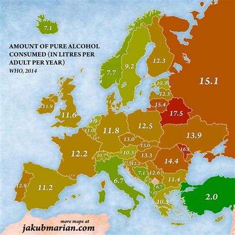 Amount of alcohol consumed per capita by country in Europe (map)