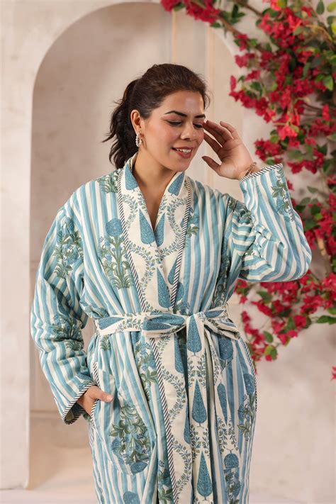 Blue Stripes Printed Reversible Quilted Robes – Jaipur Morni