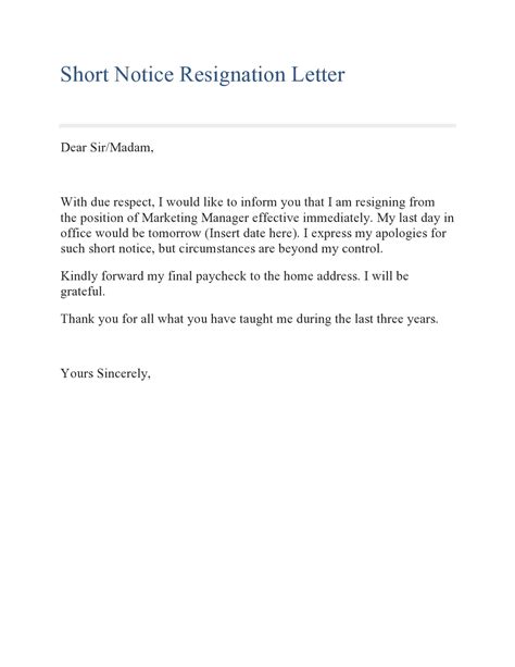 30+ Short Notice Resignation Letters (FREE) - TemplateArchive