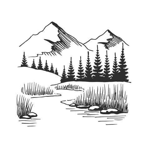 Mountain with pine trees and lake landscape black on white background ...