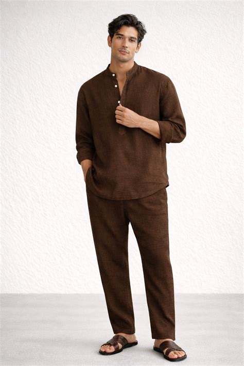 Chocolate Brown Short Kurta Linen Set for Men | Pure Linen Co-ord – LININ