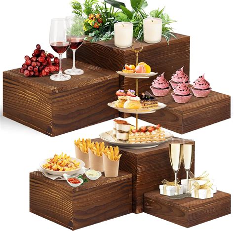 LEIFEOSH 6 Pack Wooden Risers Display Stands Rustic Wood Cake & Cupcake Stands for Party Square ...