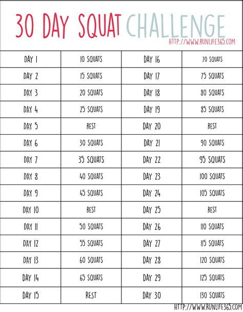 30 Day Squat Challenge Printable Chart - Free Printable Charts