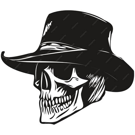 Premium Vector | Skull cowboy hat vector hand drawn black and white ...