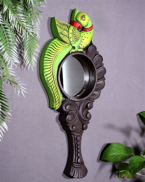 Wooden Parrot Design Hanging Mirror – Handcrafted Elegance – Budhshiv.com