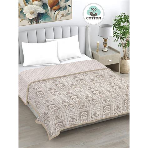 Buy FABINALIV Beige Floral Reversible AC Room 230 GSM Pure Cotton Bed ...