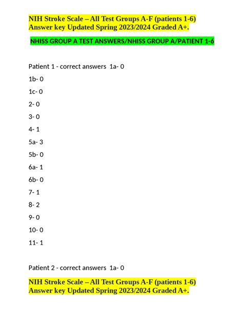 NIH Stroke Scale – All Test Groups A-F (patients 1-6) Answer key ...