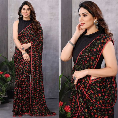 Black Floral Printed Georgette Ready To Wear Saree