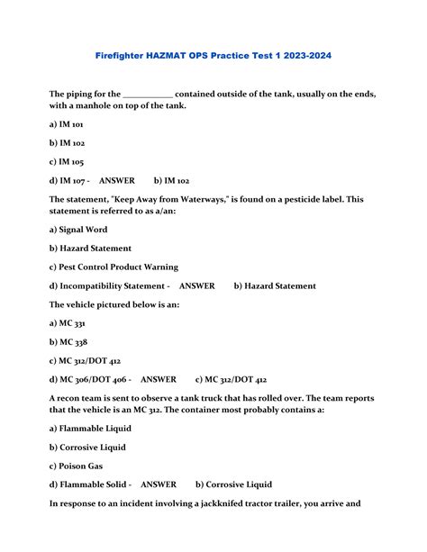 SOLUTION: Firefighter hazmat ops practice test 1 2023 2024 - Studypool