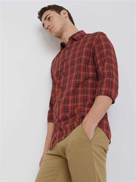 Men Red Slim Fit Checks Cotton Full Sleeve Shirts – MyRaymond
