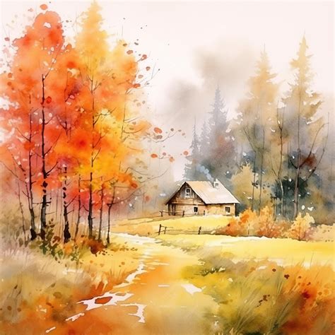 Premium AI Image | Watercolor autumn landscape watercolor painting leaf ...