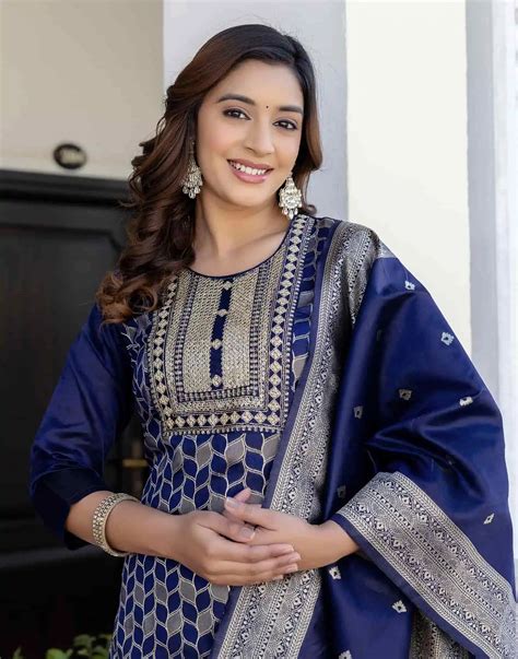 Silk Blend Weaving, Embroidery and Sequins Work A-Line Kurta with Pant ...