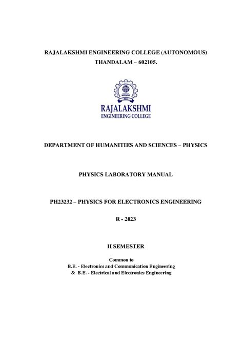 PH23232 Physics Laboratory Manual for Electronics Engineering - 2023 ...