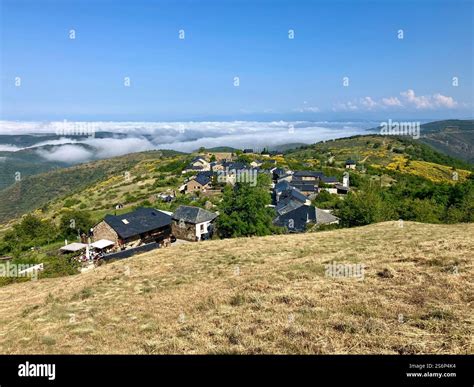 View of the ancient Spanish mountain village of El Acebo on the Camino de Frances, descending ...